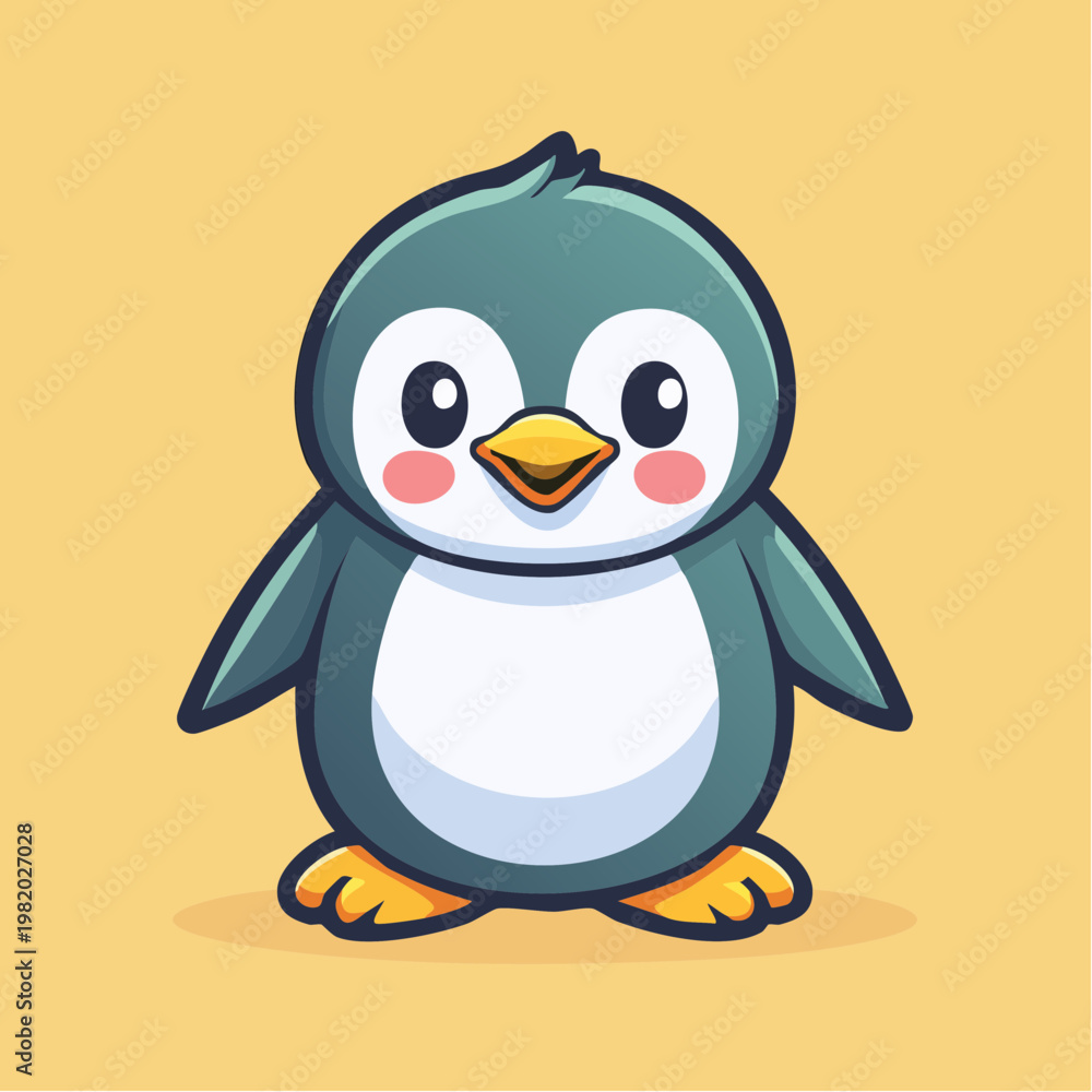 Obraz premium Cute cartoon penguin standing on yellow background.