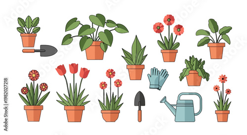Collection of potted plants gardening tools and accessories isolated on white