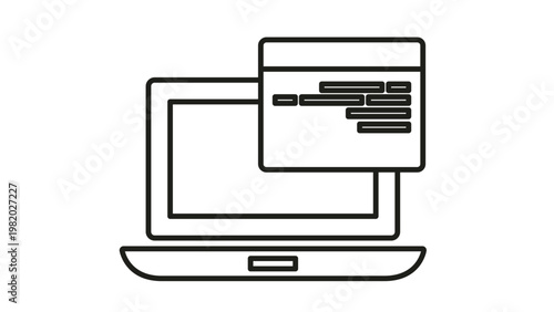 Minimalist black line art vector icon illustration of a laptop computer with a code window or browser interface overlay, representing software development, programming, and web design concepts.