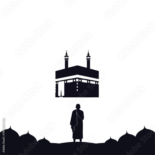 Vector flat design illustration of a Muslim pilgrim praying before the Kaaba in Mecca, symbolizing faith and devotion