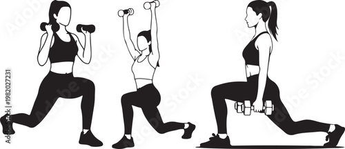 Fitness, workout, exercise, lunges, vector, black, illustration, dumbbells, women, athletic, sports, gym, training, exercise routine, fitness icons