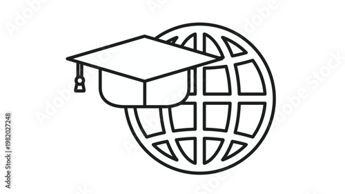 Global education vector icon featuring a black line art graduation cap mortarboard in front of an earth globe symbol, representing international studies, online learning, and academic success.