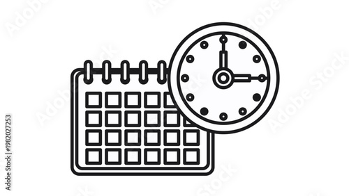 Minimalist black line art vector illustration of a calendar and a round analog clock, symbolizing time management, scheduling, project planning, appointment booking, and deadline organization.