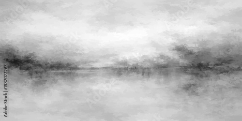 Abstract a serene landscape shrouded in mist, the glassy lake reflecting the ethereal sky, embodying tranquility and mystery.