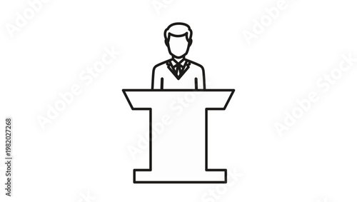 Minimalist black line vector icon illustration of a male speaker or politician in a suit standing behind a podium or lectern, ideal for business presentations, speeches, and public speaking.