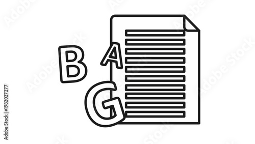 Minimalist black vector icon of a document with letters B, A, and G, symbolizing language translation, literacy, education, or linguistic studies, isolated on a white background for web design.