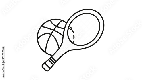 Φωτογραφία Black and white vector icon illustration of a tennis racket and a basketball, representing sports equipment, fitness activities, and competitive games, isolated on a clean white background