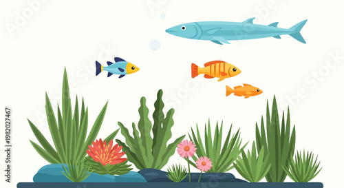 Colorful aquatic scene featuring various fish and vibrant underwater plants