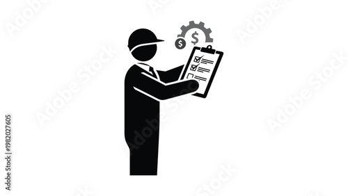 Businessman holding clipboard with money and gear.