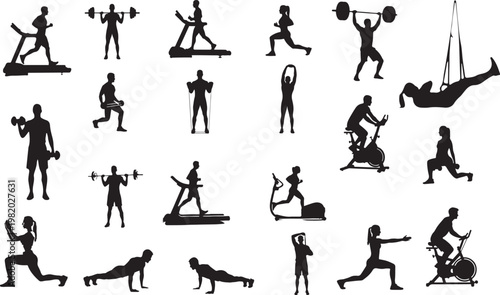 Black silhouette fitness icons, workout symbols, exercise signs, gym graphics, 20 silhouette graphics