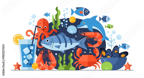Colorful marine life illustration featuring various sea creatures and food elements