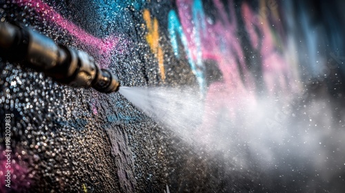 Elegent photo of  high-pressure water jet cleaning graffiti from a wall closeup view.