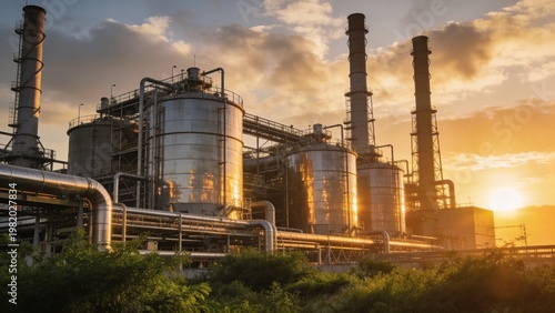  depicts an industrial landscape at sunset, featuring a modern power plant with multiple cylindrical storage tanks and tall chimneys. The layout includes a series of interconnected structures with met