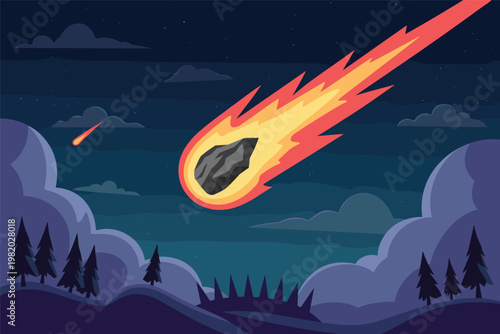 Fiery Meteor in Night Sky Illustration Vector Disaster Concept
