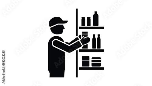 Man in cap stocking shelves with products.