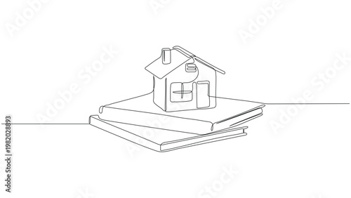 Single Line Art Illustration of Home Education and Foundation Concept, Model House and Notebooks Singlel Line Art