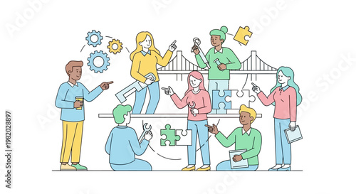 Diverse team collaborating to solve problems with ideas and tools