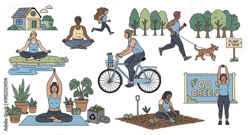 Diverse wellness and nature activities illustration sustainable living concept