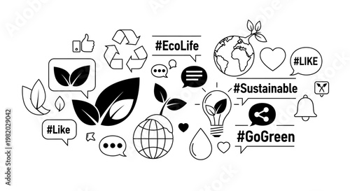 Eco friendly concept sustainability icons with earth plants and hashtags