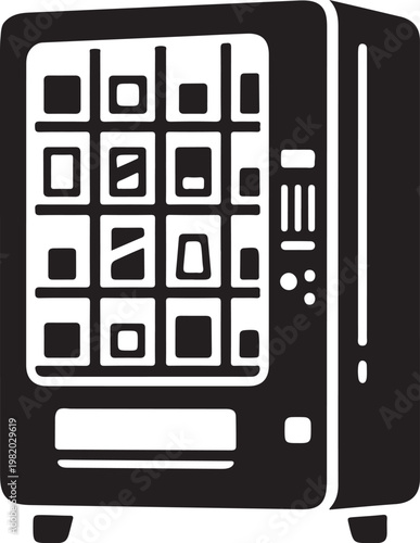 Black and white illustration of a retro vending machine with products displayed automatic dispenser appliance selection compartments purchasing convenience mechanism