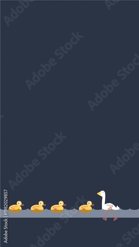 Vertical illustration of cartoon duck family with white duck leading yellow ducklings swimming in line water simple cute parenting concept