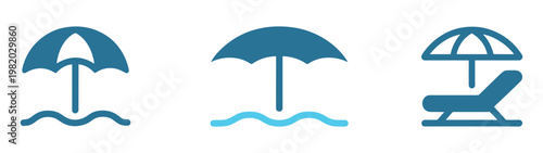 Scenes of beach relaxation and sun protection using umbrellas and loungers