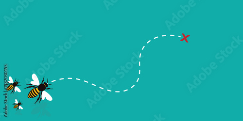 Background of a swarm of flying bees. Green banner of bees with a goal