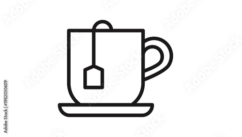 Minimalist black line art vector icon illustration of a tea cup with a tea bag and saucer, ideal for cafe branding, beverage menus, kitchen graphics, tea shop logos, and web design elements.