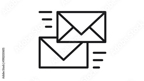 Minimalist black line art vector icon of two envelopes with motion lines, representing sending and receiving email messages, digital communication, and correspondence on a white background.