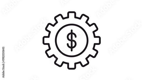 Black vector icon illustration of a gear with a dollar sign in the center, representing financial management, money making mechanisms, business processes, and economic engine concepts.