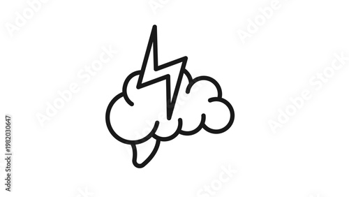 Brainstorming Vector Icon Illustration: A Minimalist Black Line Art Symbol Depicting a Human Brain with a Lightning Bolt, Representing Creative Ideas, Inspiration, Mental Power, and Intelligence.