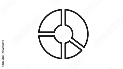 Black and white minimalist vector icon illustration of a donut chart with four distinct segments, representing data visualization, business analytics, financial reports, and statistics.