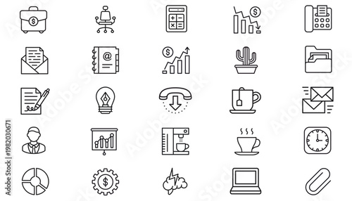 25 Black Vector Icon Set Collection: Minimalist Business, Finance, Office, and Communication Symbols. Includes Briefcase, Calculator, Charts, Laptop, Coffee, Brain, and Creative Idea Line Art.