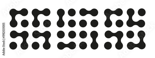 Metaball dot icons. Connected circles shape sign. Abstract integration symbols. Flat patterns. Morphing blobs. Points movement. Metaballs transition. Set of Logo, sticker template. Web design element.