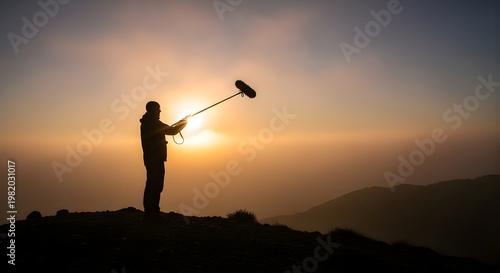 A photographer captures a stunning sunrise on a Pers Day morning with a drone on a mountain summit overlooking vast landscapes.