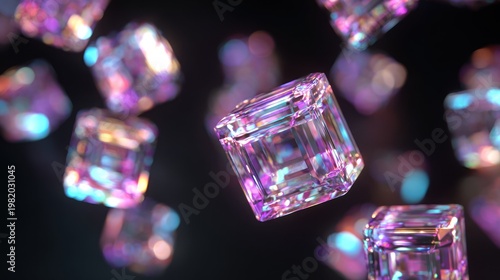 Numerous iridescent crystal-like objects float against a dark, abstract background