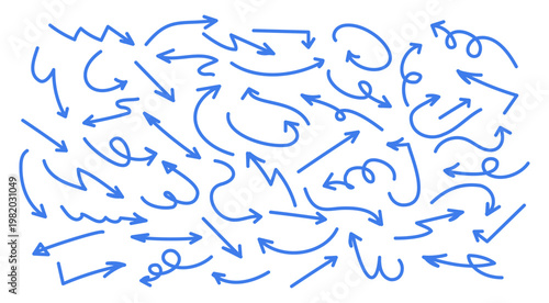 Blue arrows hand drawn set. Various of lines organic arrows. Minimalist hand drawn arrows. Sketch arrows for business plans, education designs. Flat arrows collection.