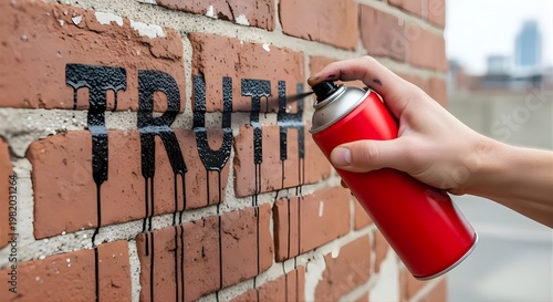 Person on a Pers Day sprays Truth message on a red brick wall with a can.