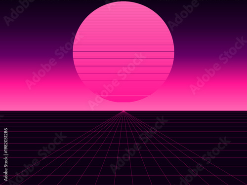 Retro Futuristic Sun Wireframe Grid Dark Background Vector