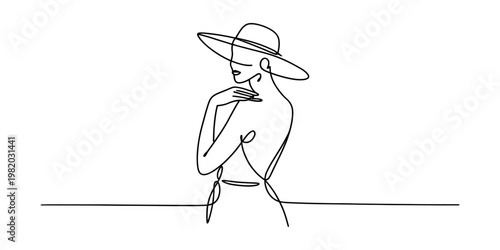 Minimalist continuous line drawing of a stylish woman wearing a wide brimmed summer hat portrait Vector, illustration