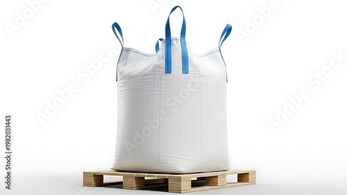 A large white bulk bag filled with material sits on a wooden pallet.