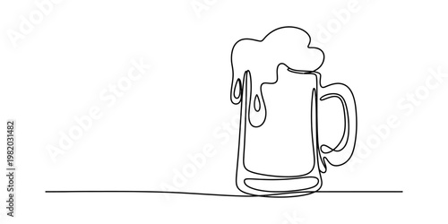 A single continuous line drawing of a beer mug overflowing with foam on a simple white background Vector, illustration