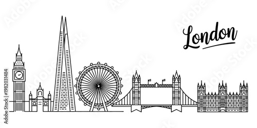 A detailed black and white line art illustration representing the famous london city skyline view Vector, illustration