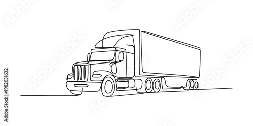 Konstfotografi A minimalist single continuous line drawing of a large semi truck traveling on a