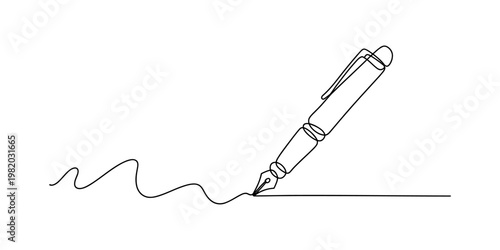 A single continuous line drawing of a classic fountain pen creating a wavy line on white paper Vector, illustration
