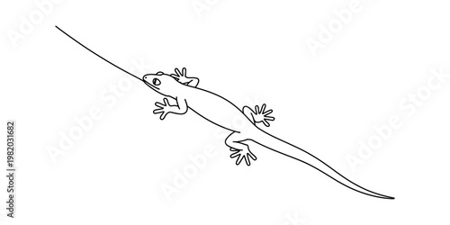 A simple black and white line drawing of a small lizard extending its long tongue for feeding Vector, illustration