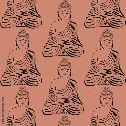 Lord Buddha seamless pattern. Vector spiritual background with Siddhartha Gautama in meditation pose, zen and yoga repeating wallpaper for Mahavir Jayanti.