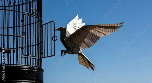 Bird spreads its wings flying out Pers Day from a tall metal cage outdoors into clear blue sky freely.