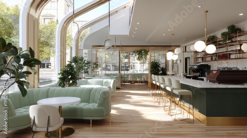 Elegent photo of  modern coffee shop interior, light & airy.