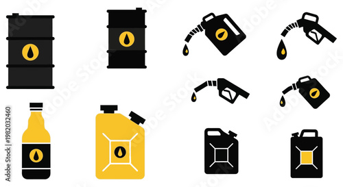 Oil barrels and gas cans in flat design with yellow accents in simple modern style for industrial or automotive use